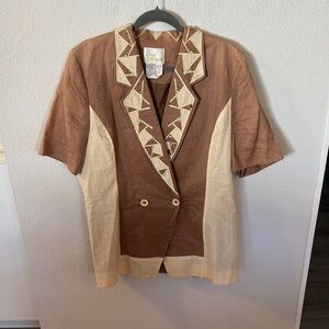 Nina Austin Brown and Cream Casual Button Down Shirt with Ruffled Lapel